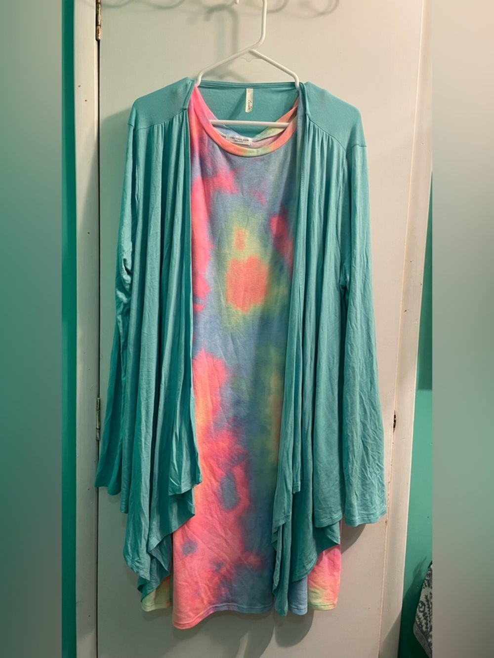 Tie-Dye Dress with Teal Open Cardigan